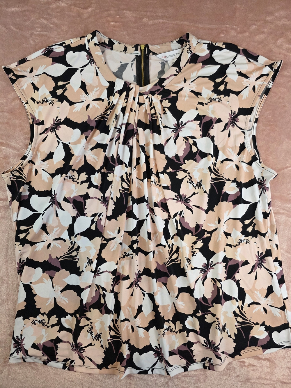 Liz Claiborne Black Floral Cap-Sleeve Top with Blush Accents